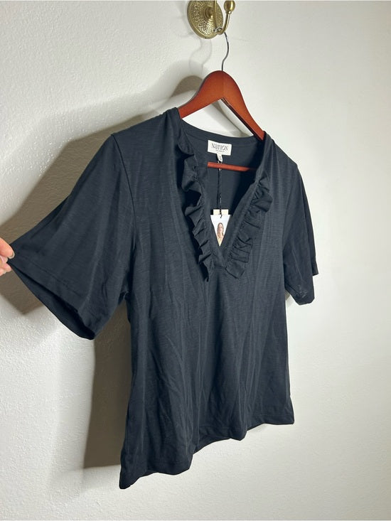 Nation LTD 100% Pima Cotton V - Neck Ruffle Blondie Short Sleeve Top