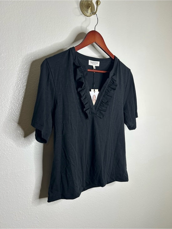 Nation LTD 100% Pima Cotton V - Neck Ruffle Blondie Short Sleeve Top