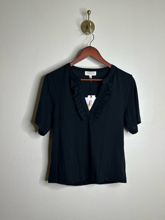 Nation LTD 100% Pima Cotton V - Neck Ruffle Blondie Short Sleeve Top