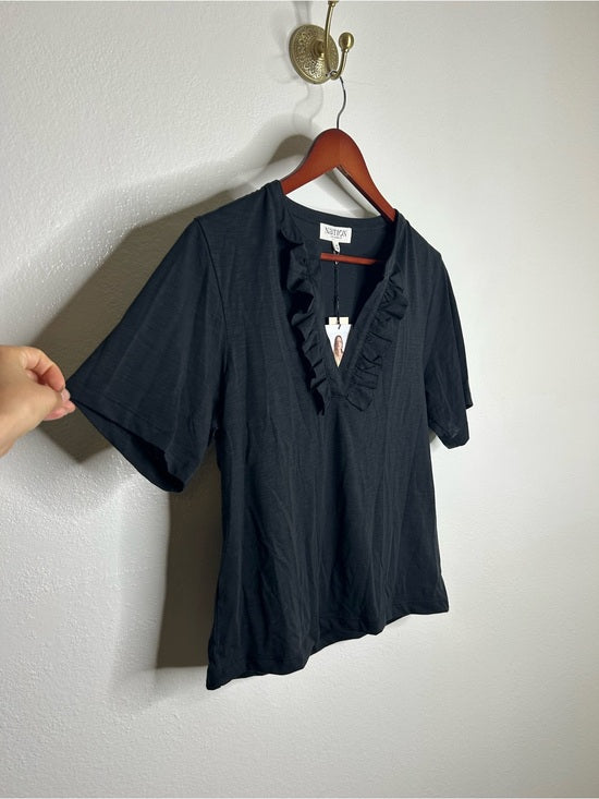 Nation LTD 100% Pima Cotton V - Neck Ruffle Blondie Short Sleeve Top