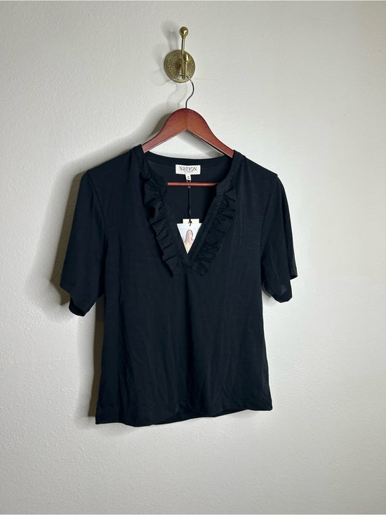Nation LTD 100% Pima Cotton V - Neck Ruffle Blondie Short Sleeve Top