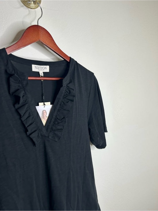 Nation LTD 100% Pima Cotton V - Neck Ruffle Blondie Short Sleeve Top