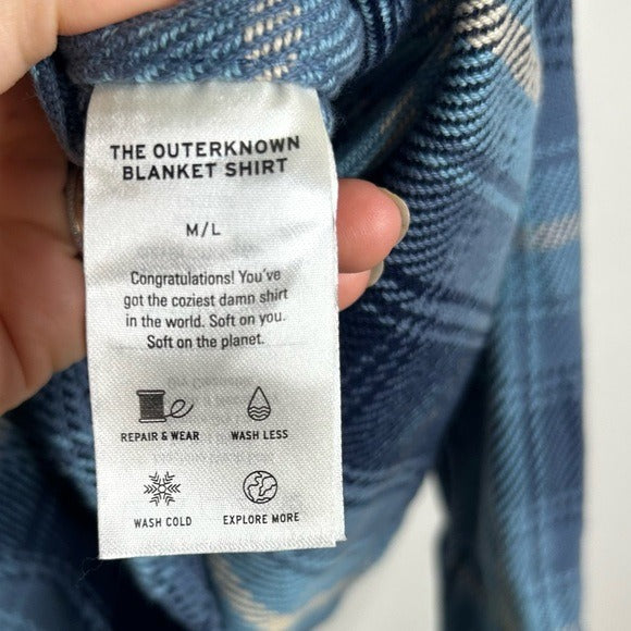 Outerknown 100% Organic Cotton Button Down Blanket Shirt Blue Plaid