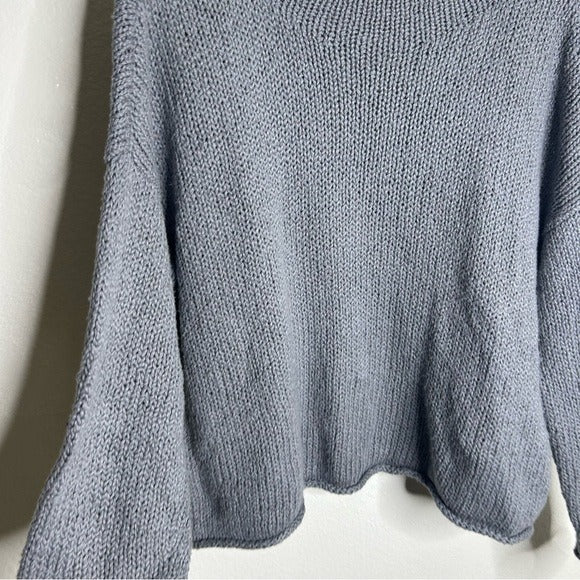 Eileen Fisher 100% Organic Cotton Thick Textured Knit Mock Neck Blue Sweater