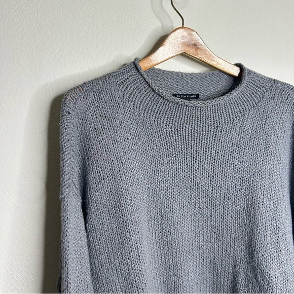 Eileen Fisher 100% Organic Cotton Thick Textured Knit Mock Neck Blue Sweater