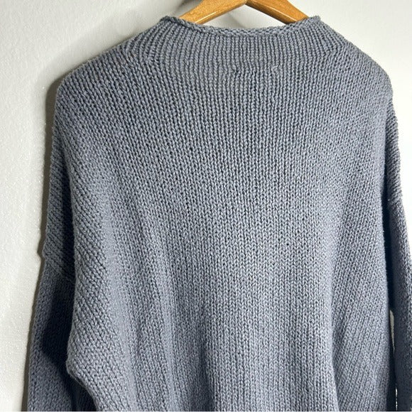 Eileen Fisher 100% Organic Cotton Thick Textured Knit Mock Neck Blue Sweater