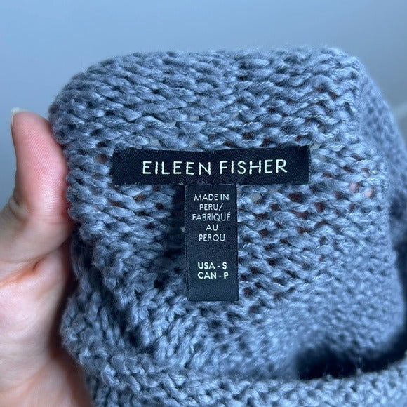 Eileen Fisher 100% Organic Cotton Thick Textured Knit Mock Neck Blue Sweater