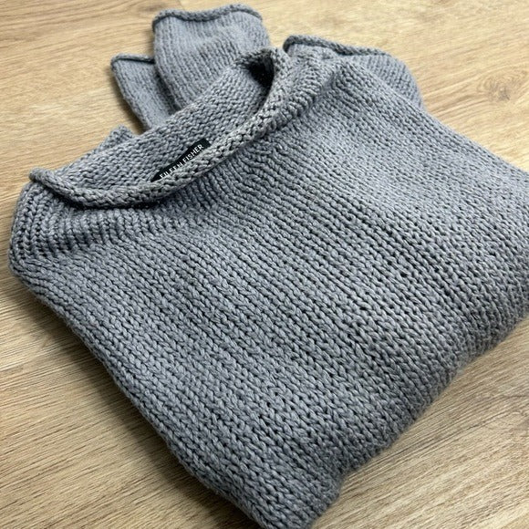 Eileen Fisher Eileen Fisher 100% Organic Cotton Thick Textured Knit Mock Neck Blue Sweater - Cotton