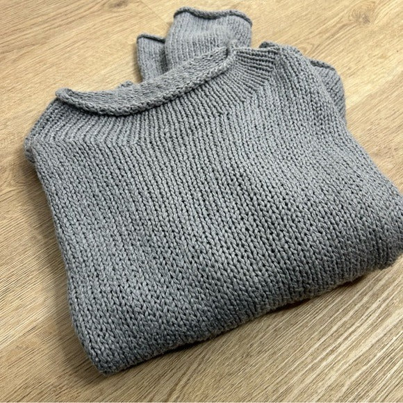 Eileen Fisher 100% Organic Cotton Thick Textured Knit Mock Neck Blue Sweater