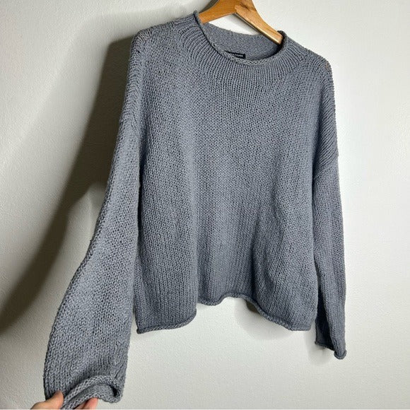 Eileen Fisher 100% Organic Cotton Thick Textured Knit Mock Neck Blue Sweater
