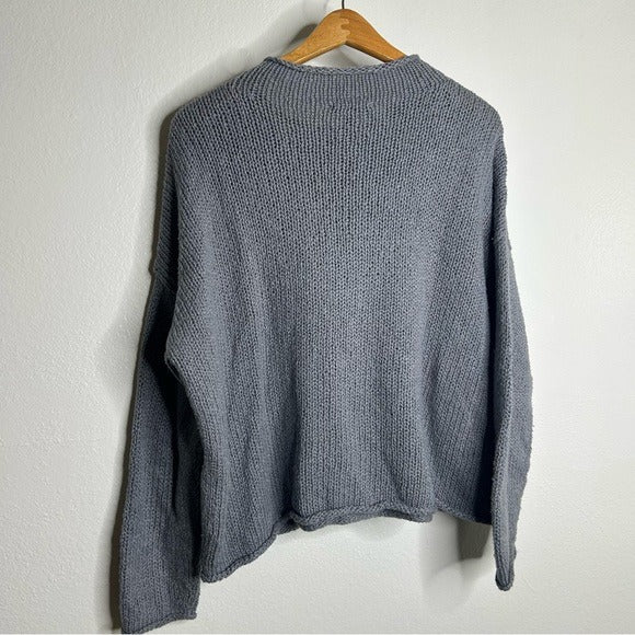 Eileen Fisher 100% Organic Cotton Thick Textured Knit Mock Neck Blue Sweater