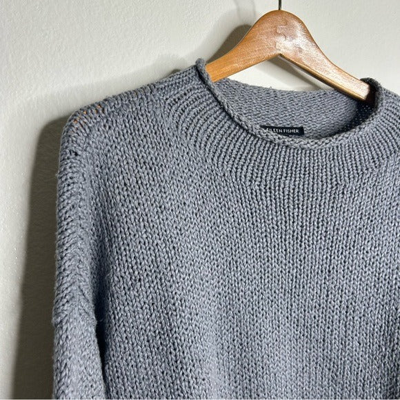 Eileen Fisher 100% Organic Cotton Thick Textured Knit Mock Neck Blue Sweater