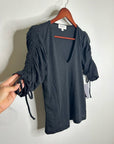 Nation LA 100% Pima Cotton Cinched Sleeve V -  Neck Black Short Sleeve Top