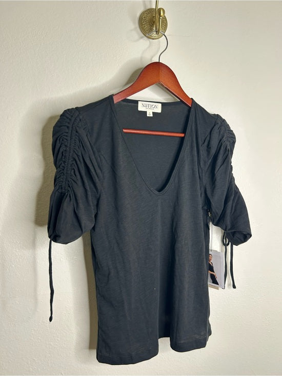 Nation LA 100% Pima Cotton Cinched Sleeve V -  Neck Black Short Sleeve Top