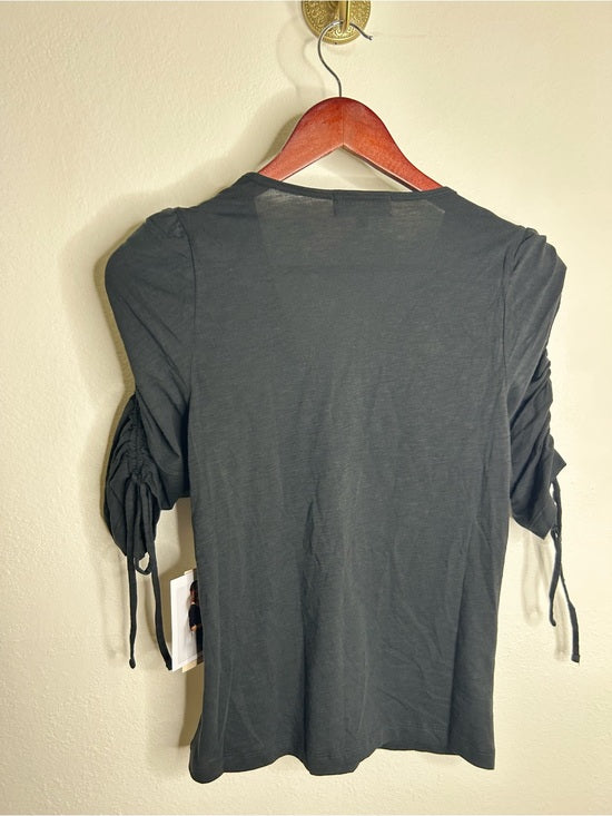 Nation LA 100% Pima Cotton Cinched Sleeve V -  Neck Black Short Sleeve Top