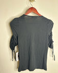 Nation LA 100% Pima Cotton Cinched Sleeve V -  Neck Black Short Sleeve Top
