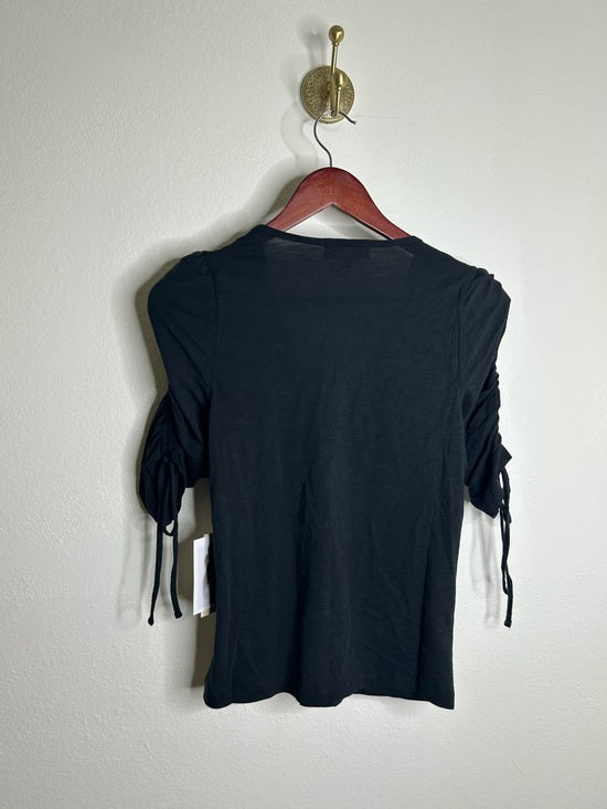 Nation LA 100% Pima Cotton Cinched Sleeve V -  Neck Black Short Sleeve Top