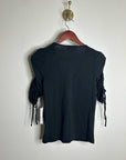 Nation LA 100% Pima Cotton Cinched Sleeve V -  Neck Black Short Sleeve Top