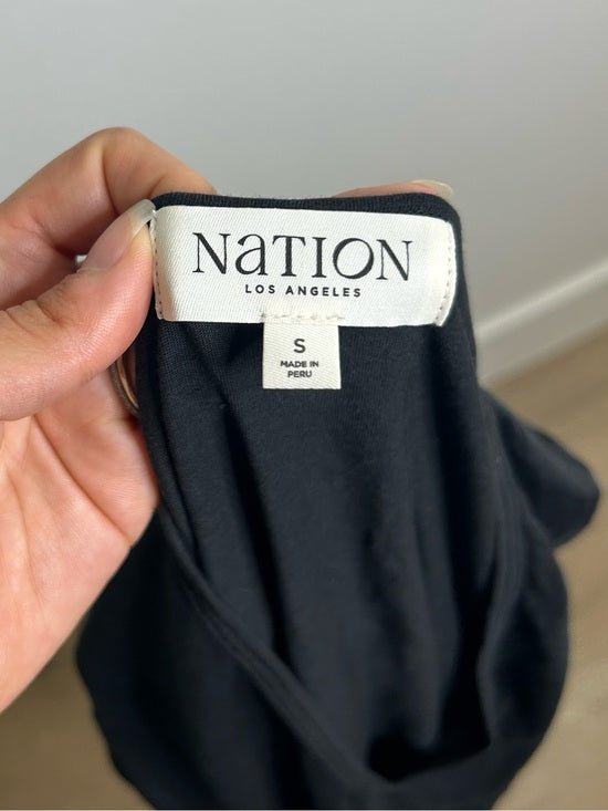 Nation LA 100% Pima Cotton Cinched Sleeve V -  Neck Black Short Sleeve Top