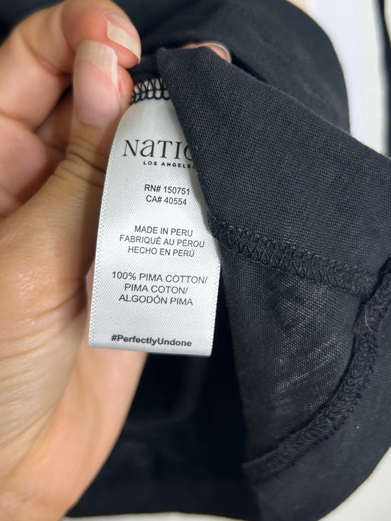 Nation LA 100% Pima Cotton Cinched Sleeve V -  Neck Black Short Sleeve Top
