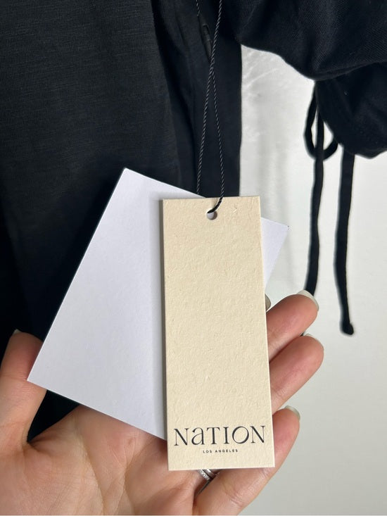 Nation LA 100% Pima Cotton Cinched Sleeve V -  Neck Black Short Sleeve Top