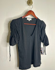 Nation LA 100% Pima Cotton Cinched Sleeve V -  Neck Black Short Sleeve Top