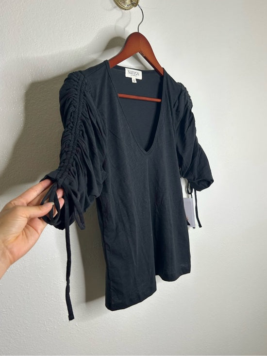 Nation LA 100% Pima Cotton Cinched Sleeve V -  Neck Black Short Sleeve Top