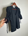 Nation LA 100% Pima Cotton Cinched Sleeve V -  Neck Black Short Sleeve Top