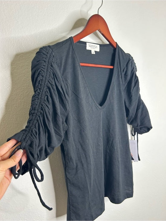 Nation LA 100% Pima Cotton Cinched Sleeve V -  Neck Black Short Sleeve Top