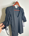 Nation LA 100% Pima Cotton Cinched Sleeve V -  Neck Black Short Sleeve Top