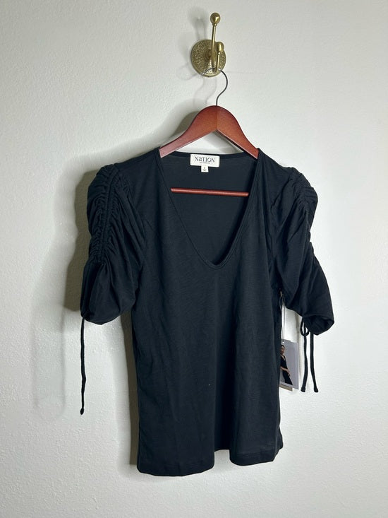 Nation LA 100% Pima Cotton Cinched Sleeve V -  Neck Black Short Sleeve Top