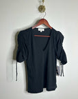 Nation LA 100% Pima Cotton Cinched Sleeve V -  Neck Black Short Sleeve Top