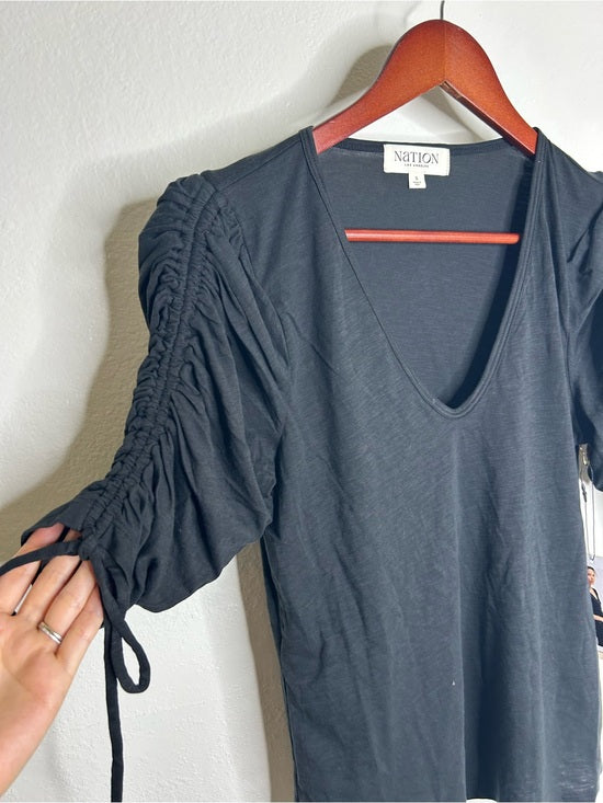 Nation LA 100% Pima Cotton Cinched Sleeve V -  Neck Black Short Sleeve Top