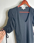 Nation LA 100% Pima Cotton Cinched Sleeve V -  Neck Black Short Sleeve Top