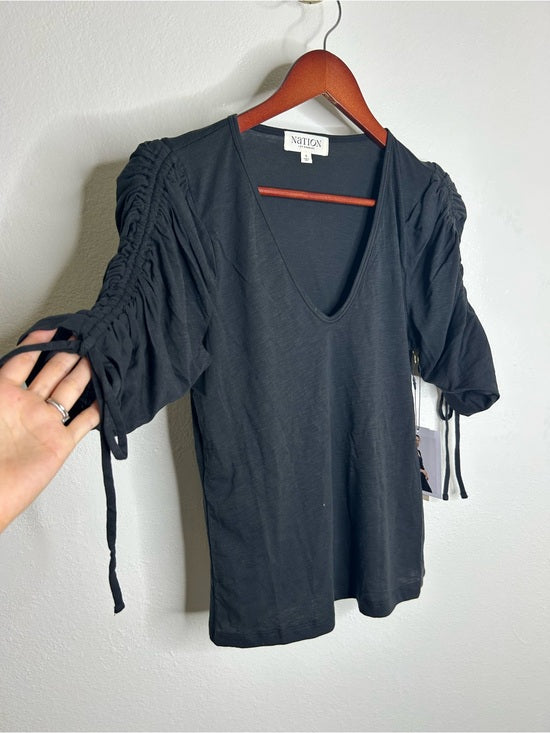 Nation LA 100% Pima Cotton Cinched Sleeve V -  Neck Black Short Sleeve Top