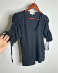 Nation LA 100% Pima Cotton Cinched Sleeve V -  Neck Black Short Sleeve Top