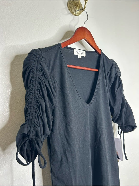 Nation LA 100% Pima Cotton Cinched Sleeve V -  Neck Black Short Sleeve Top