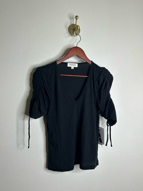 Nation LA 100% Pima Cotton Cinched Sleeve V -  Neck Black Short Sleeve Top