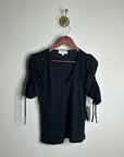 Nation LA 100% Pima Cotton Cinched Sleeve V -  Neck Black Short Sleeve Top