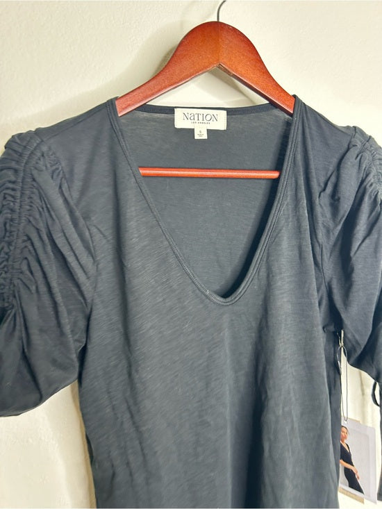 Nation LA 100% Pima Cotton Cinched Sleeve V -  Neck Black Short Sleeve Top