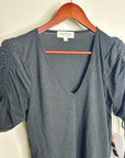 Nation LA 100% Pima Cotton Cinched Sleeve V -  Neck Black Short Sleeve Top