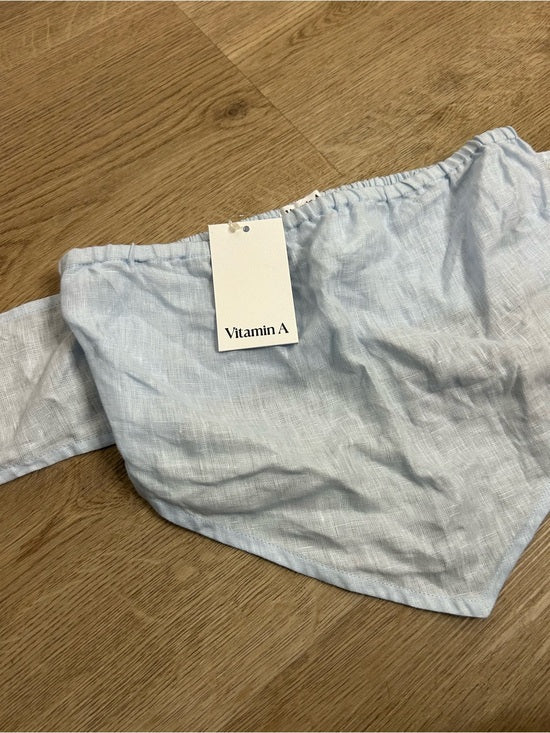 Vitamin A 100% Linen Baby Blue Cropped Tie Back Strapless Top