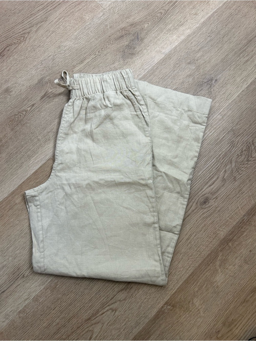 Buck Mason Buck Mason Crosshatch 100% Linen Catalina Drawstring Wide Leg Pant in Tan - Linen