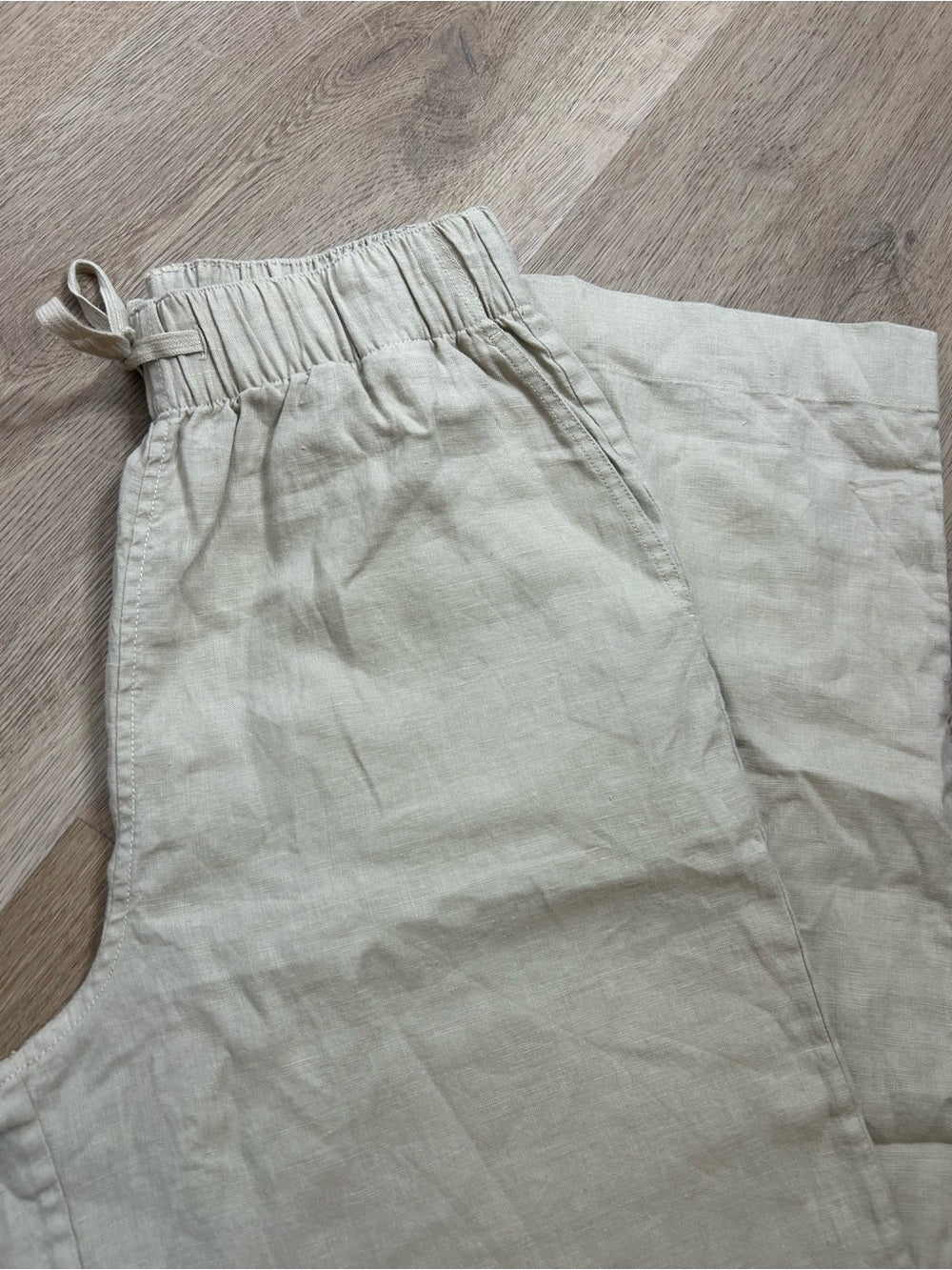 Buck Mason Buck Mason Crosshatch 100% Linen Catalina Drawstring Wide Leg Pant in Tan - Linen