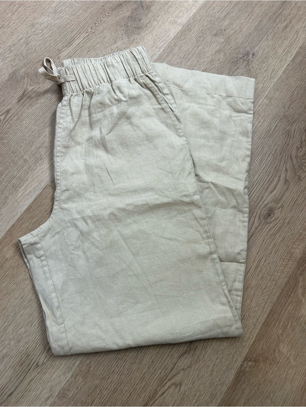 Buck Mason Buck Mason Crosshatch 100% Linen Catalina Drawstring Wide Leg Pant in Tan - Linen