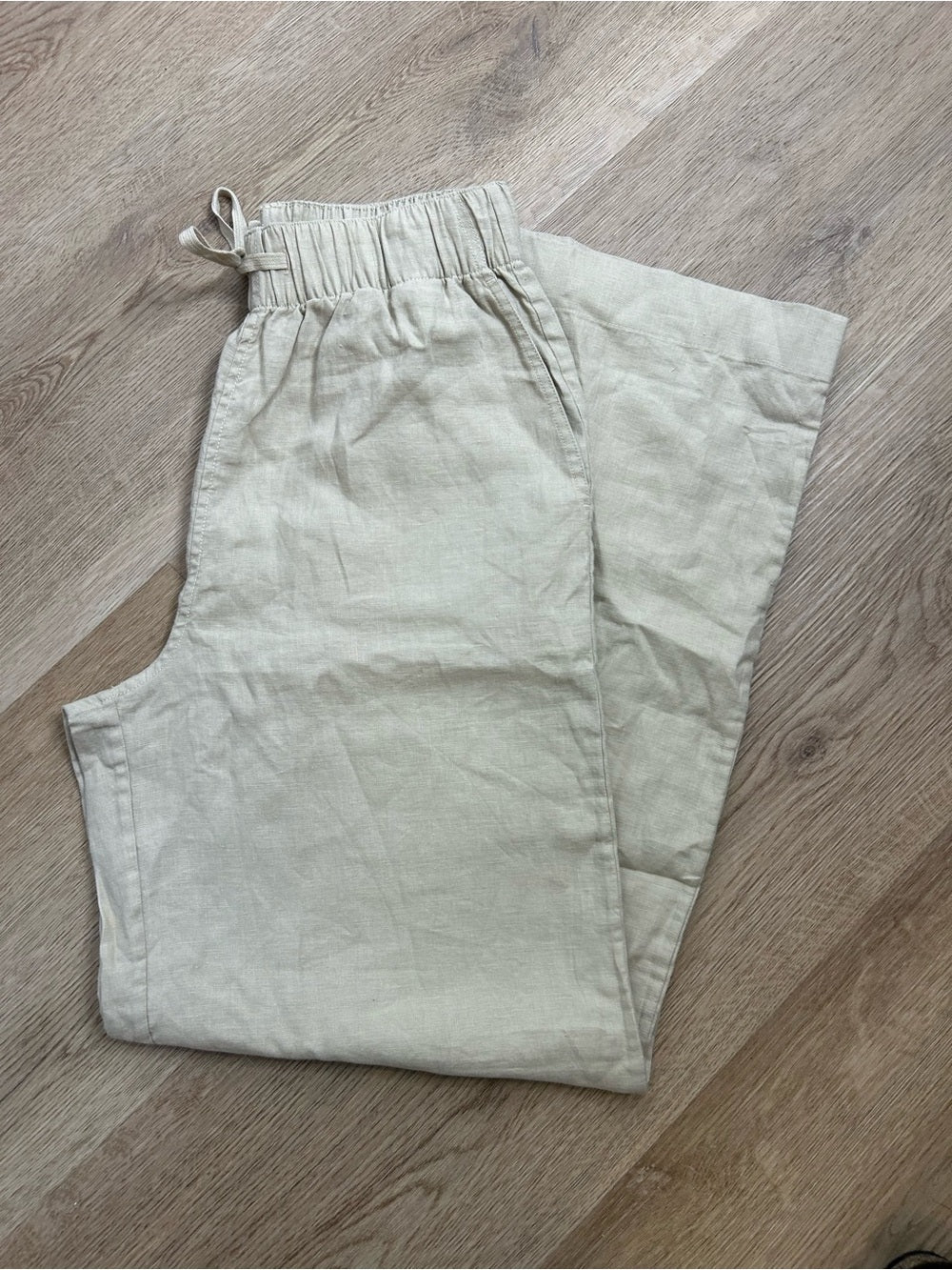 Buck Mason Buck Mason Crosshatch 100% Linen Catalina Drawstring Wide Leg Pant in Tan - Linen