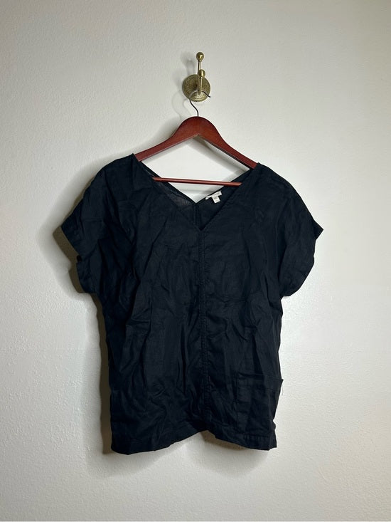 Garnet Hill Garnet Hill 100% Linen Black V - Neck Short Sleeve Boxy Fit Blouse Top - Linen