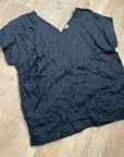 Garnet Hill 100% Linen Black V - Neck Short Sleeve Boxy Fit Blouse Top
