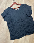 Garnet Hill 100% Linen Black V - Neck Short Sleeve Boxy Fit Blouse Top