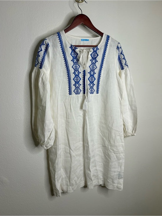 J. McLaughlin J. McLaughlin 100% Linen White Blue Embroidered Long Sleeve Midi Length Dress - Linen